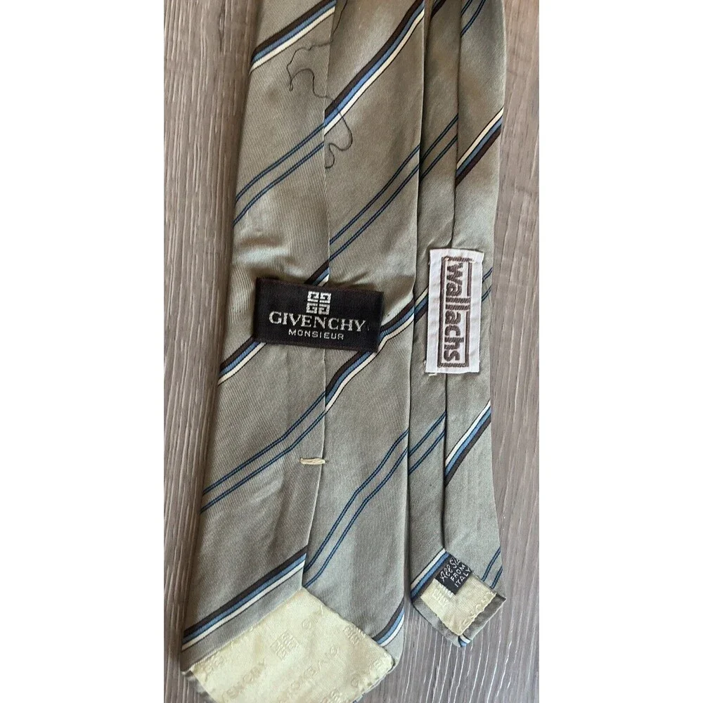 Givenchy Monsieur Wallachs 100% Italian Silk Striped Tie 3.5” X 56” Tan & Blue